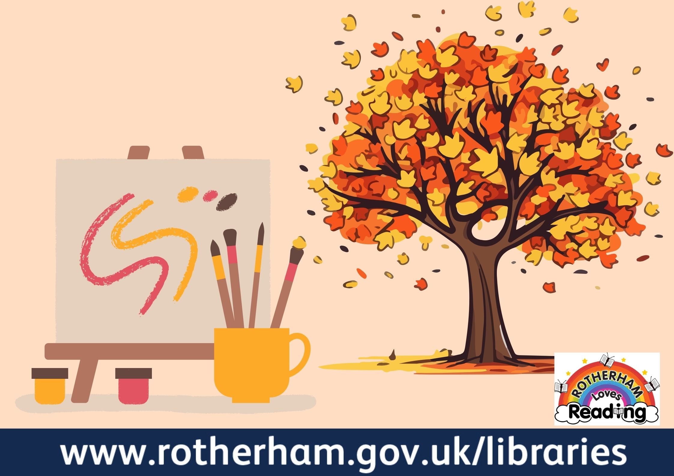 A tree on the right side with yellow and orange leaves. An art easel on the left hand side with a pot of paintbrushes.