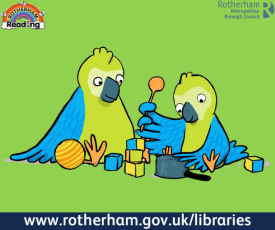 Two parrots playing with toys