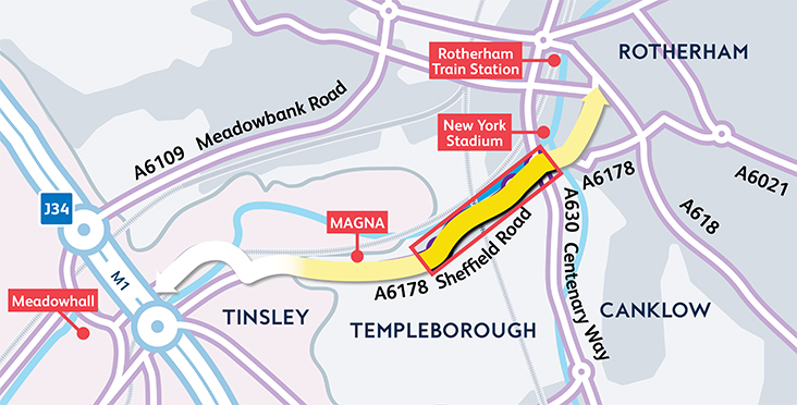 Map showing the Phase 2 proposed route Templeborough to Ickles 