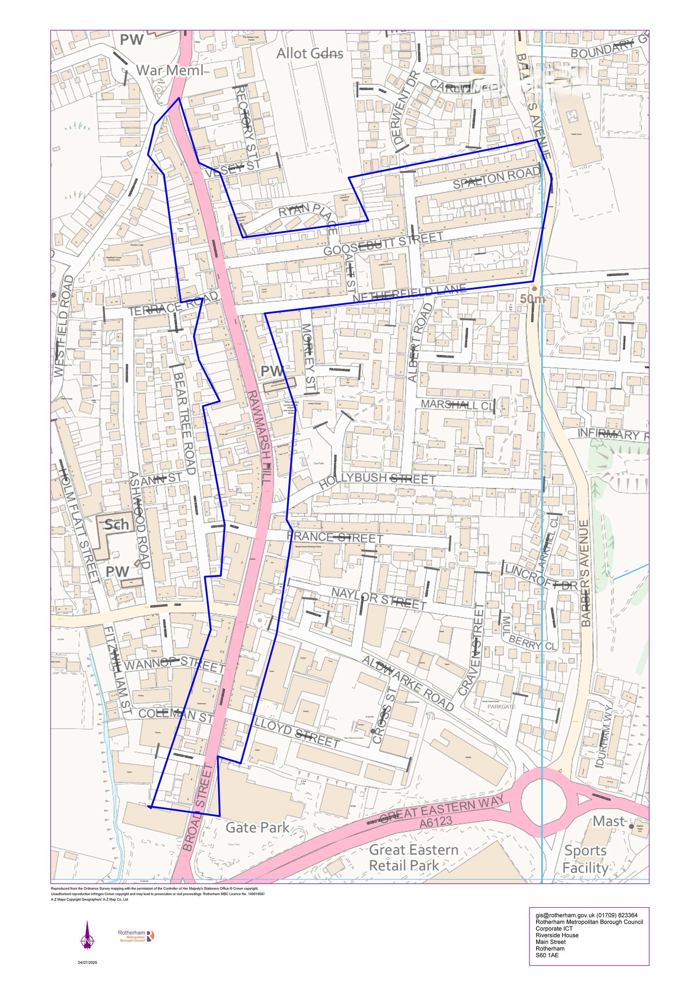  A map with a blue boundary line of Parkgate.