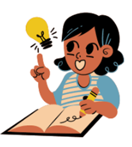 Cartoon person writing in a book with a lightbulb to the left side of their head.