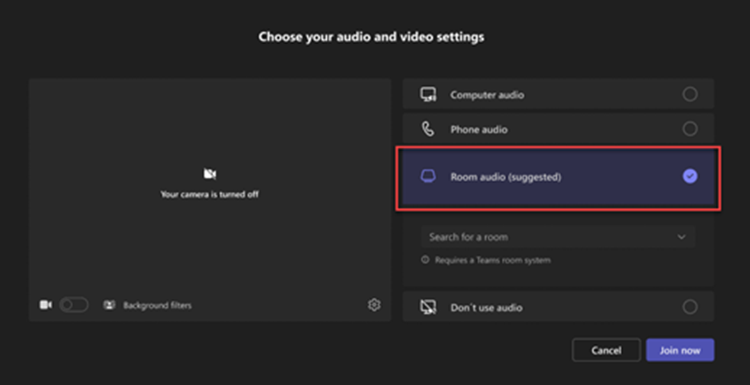 Screenshot of room and audio controls