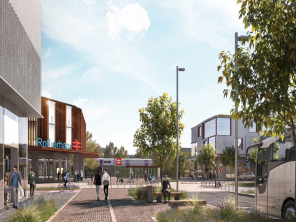 An artist impression of a new train station building with people in for foreground and a bus on the right.