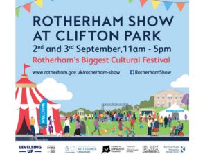 Rotherham show graphic, tent to the right, icon of Clifton Park Museum and Bandstand and people attending the show