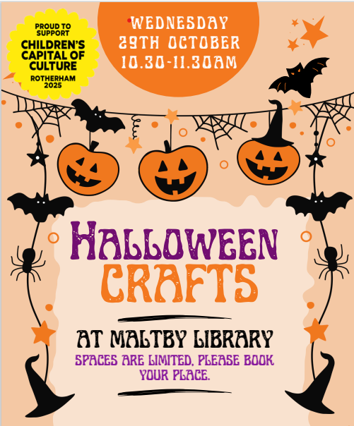 Flyer advertising the event. Black witches hats and pumpkins on a light orange background.
