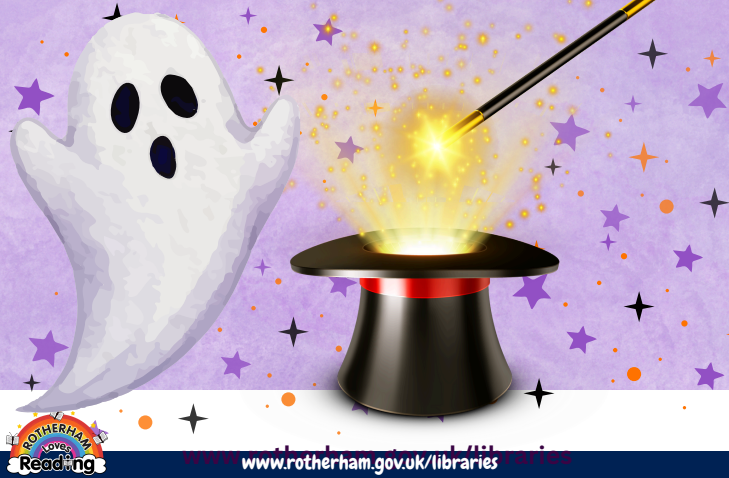 A purple background with a ghost and a top hat.