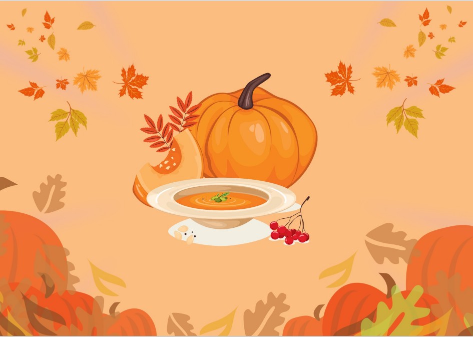 Pumpkin with orange leaves around it on a lighter orange background.