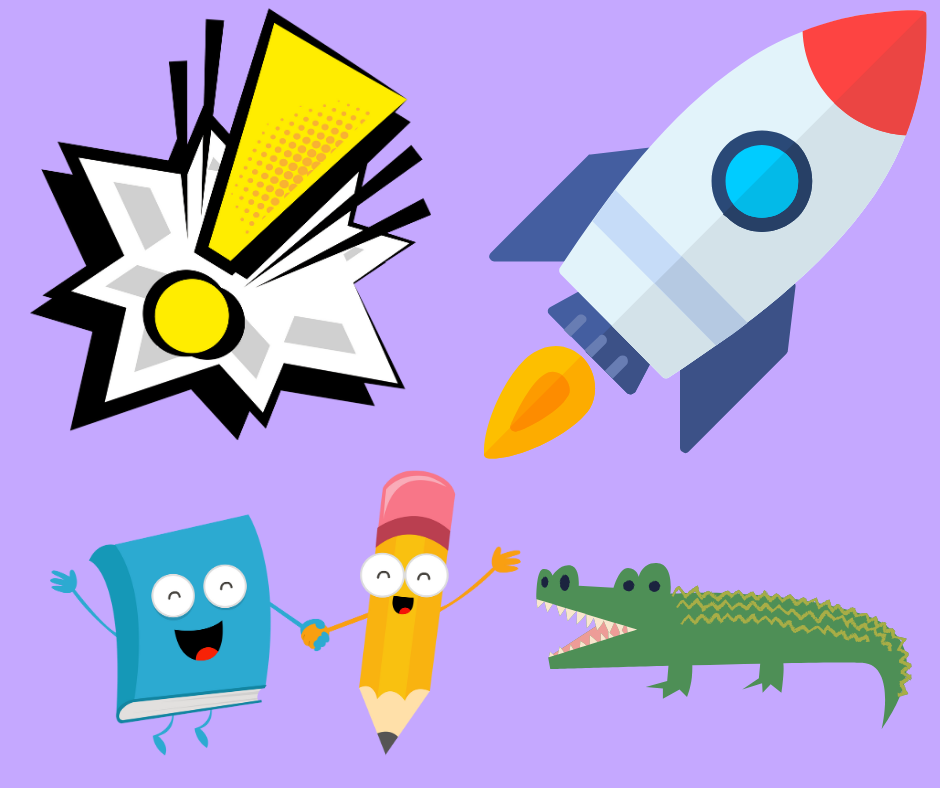 A cartoon of a notepad, pencil, crocodile and rocket