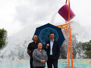 Cllr Victoria Cusworth and Cllr Chris Read with staff members at the Splash Park