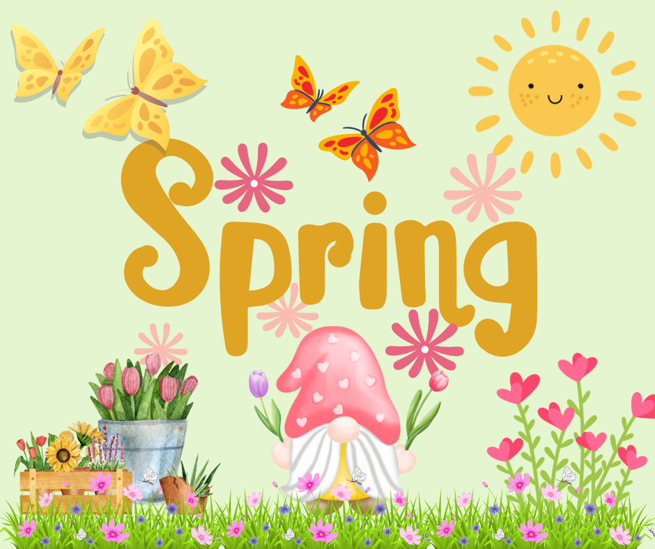 A gnome with a red hat is on grass holding flowers in front of the word spring. There are flowers to the left and right and a sun in the top right corner.