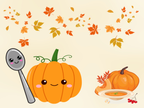 Cartoon pumpkin and spoon with leaves in the background.