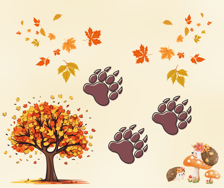 Autumn scene with leaves, paw prints, and two hedgehogs.