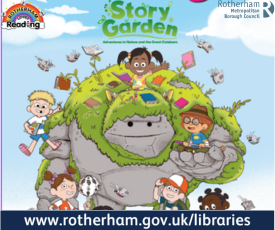 Rock creature and children surrounded by books.