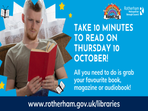 A man pictured reading a book with text that says take 10 minutes to read on Thursday 10 October. All you need to do is grab your favourite book, magazine or audiobook!
