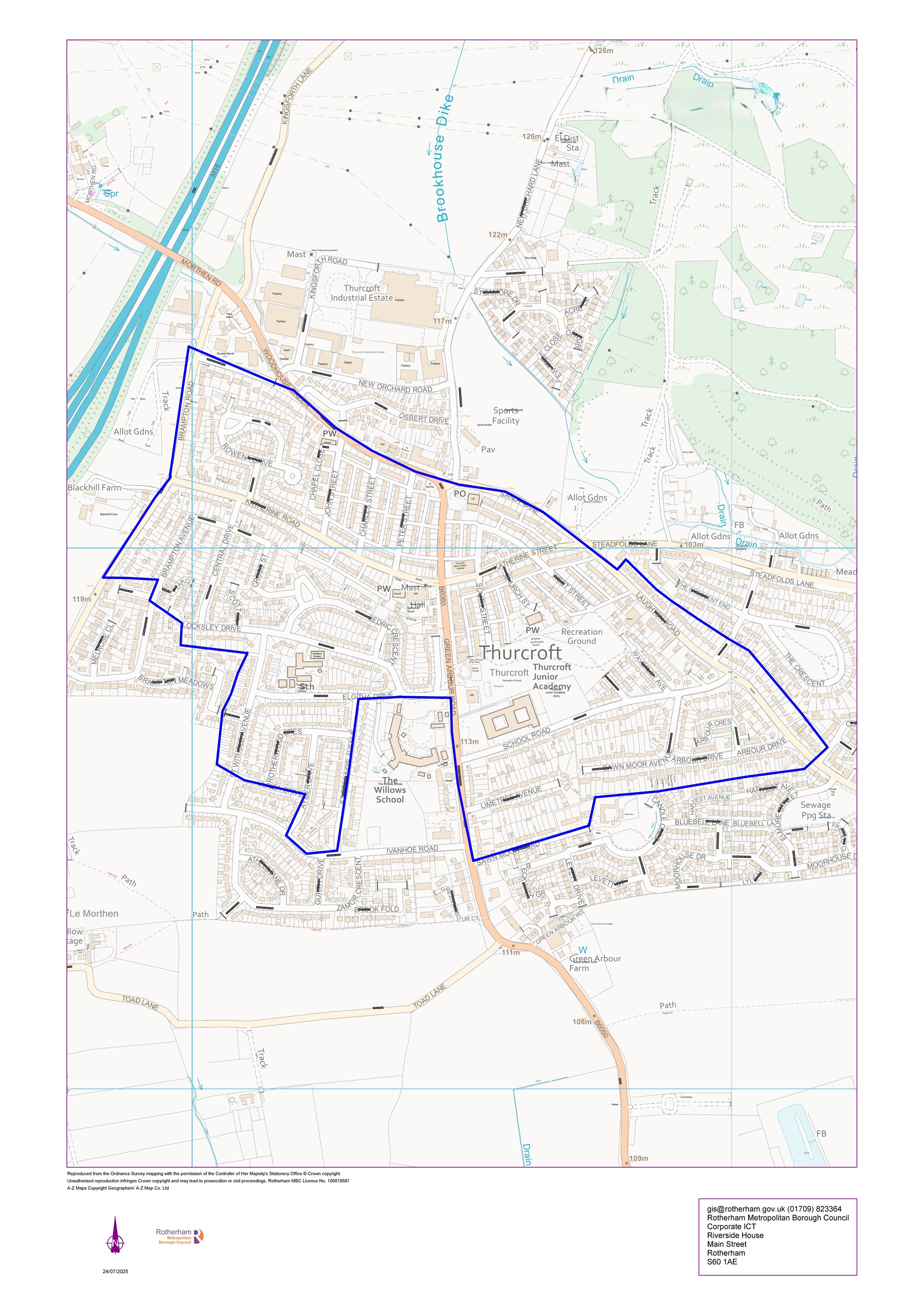 A map with a blue boundary line around Thurcroft.