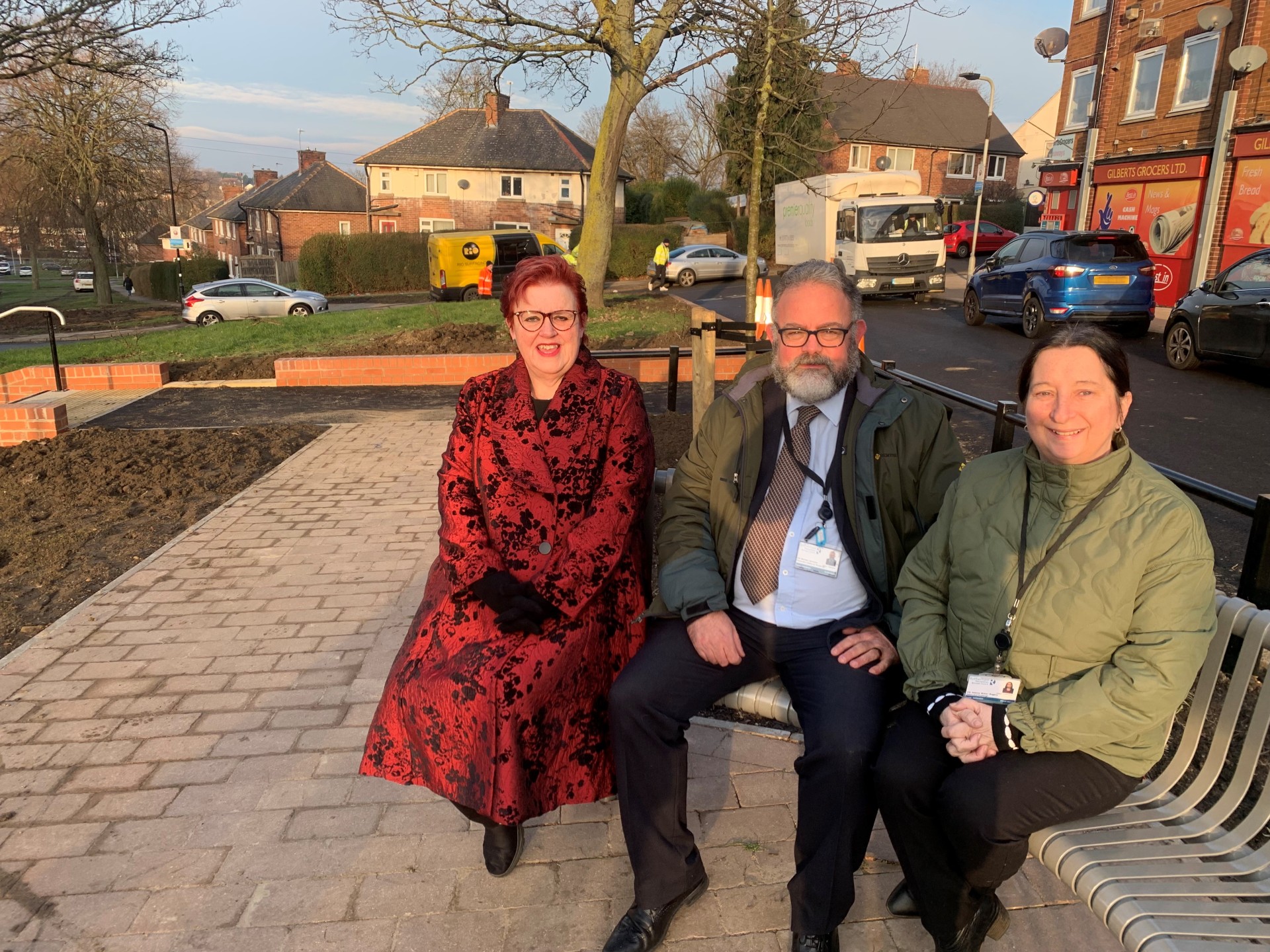 From left to right, the image shows Councillor Sarah Allen, Councillor Michael Bennett-Sylvester and Councillor Joanna Baker-Rogers at the area around Ridgeway Stores