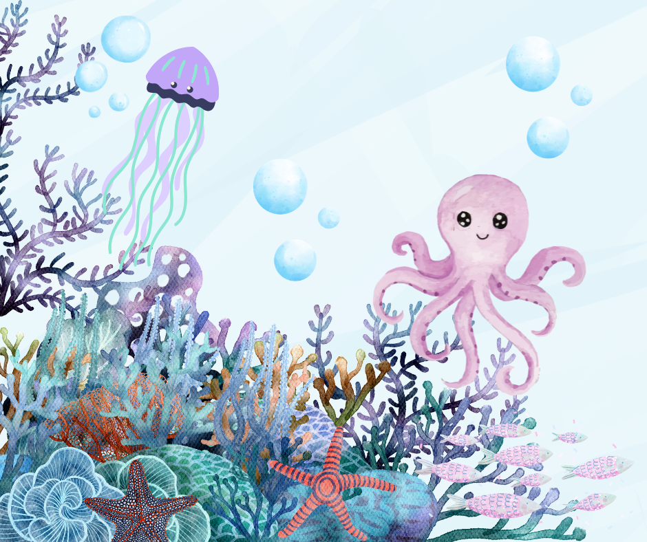 A colourful coral reef under the sea. A purple jellyfish on the left and a pink squid on the right.