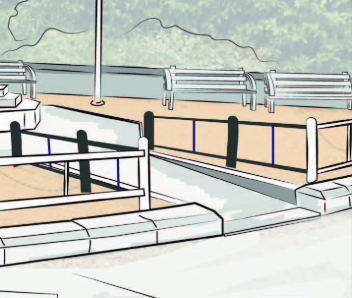 A sketch of the access to the Cenotaph with a ramp in place of the step and additional railings.