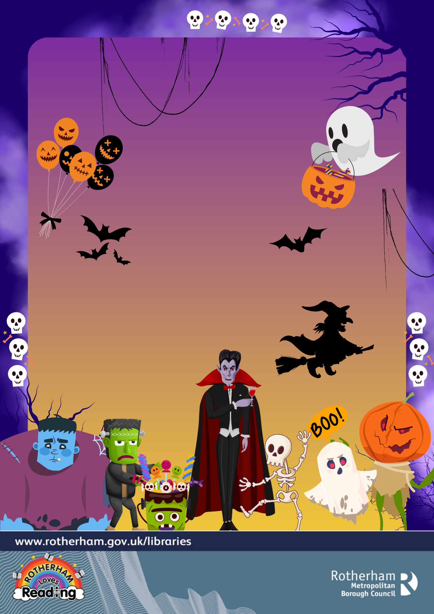 Purple and orange sunset with vampires, ghosts and pumpkins in the front.