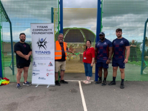 Photo caption: Dalton and Thrybergh ward councillors Joanna Baker-Rogers and Michael Bennett-Sylvester, with players from the Titans Community Foundation - opening the newly upgraded Multi Use Games Area in East Herringthorpe.