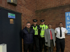 From left to right the image shows Andrew Boulton, PC Robson, PC Wright, Councillor Saghir Alam, PC Gourdin. The image was taken at Wellgate multi-storey car park.