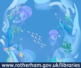Turtles, Jellyfish, Fishes and a seahorse with a sea blue background
