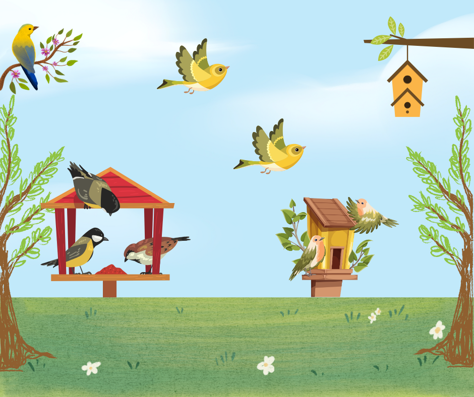 A large number of birds flying around a bird house.