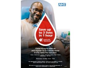 Give Blood Poster, Includes location, date, time of event.