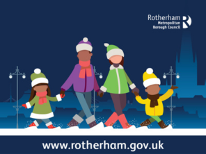 Cartoon family walking in the snow