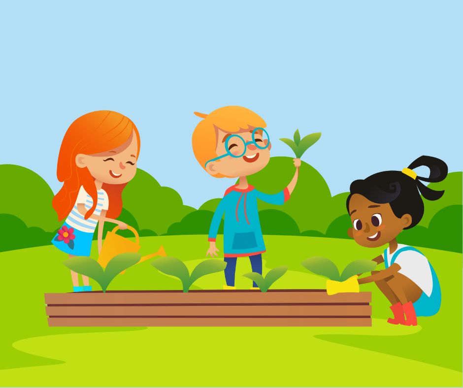 3 children watering flowers and plants
