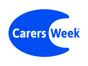 A blue crescent moon with Carers Week written over it in white and blue text