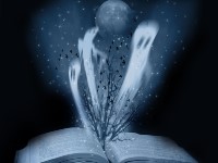 Ghosts coming out of book at night, with the moon in the background