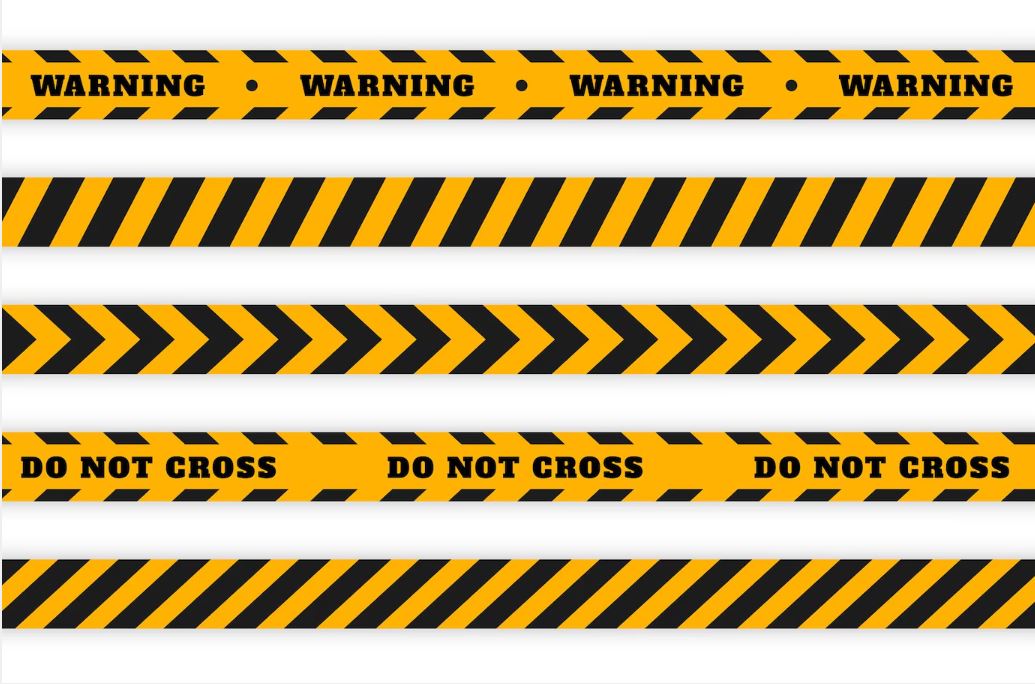 Five rows of black and yellow tape. The top row has 'Warning' written on it, and the fourth row has 'do not cross' written on it.