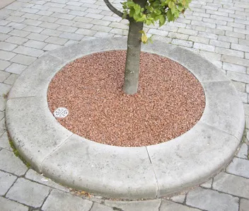 A new tree pit with orange gravel in the middle and grey stone around the edge.