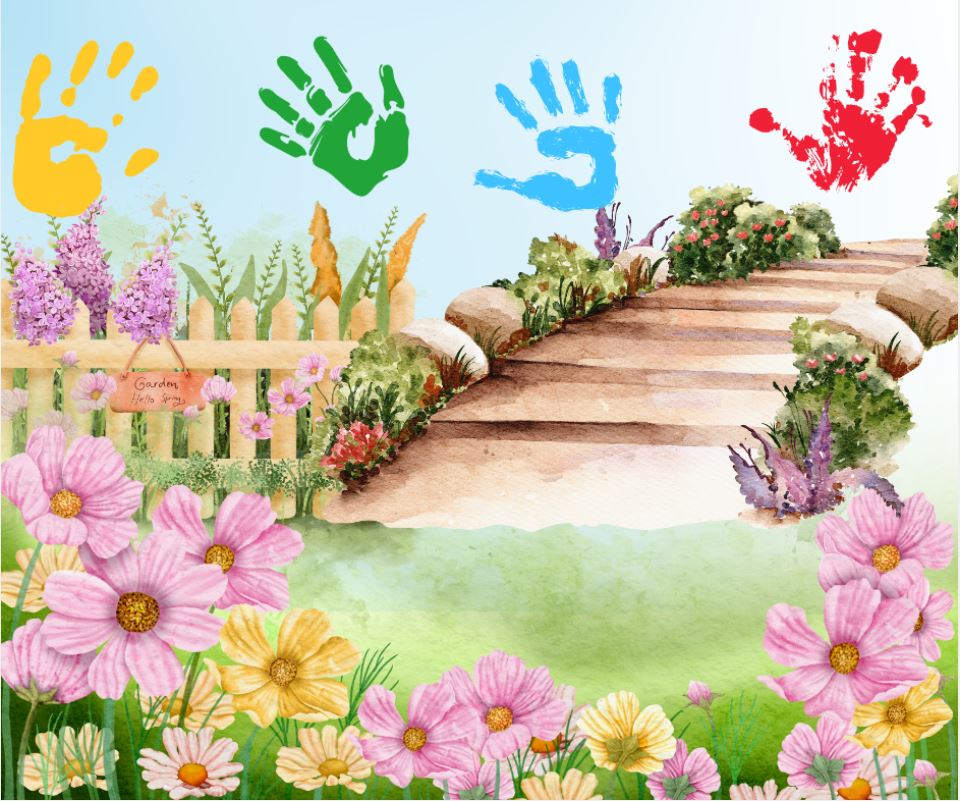 Stone bridge on a field with flowers around it. Four paint handprints in colour at top of photo.