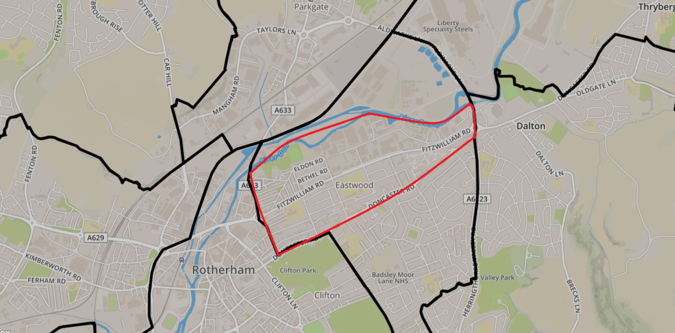 Map showing area covered by Fitzilliam Road Public Spaces Protection Order outlined in red.