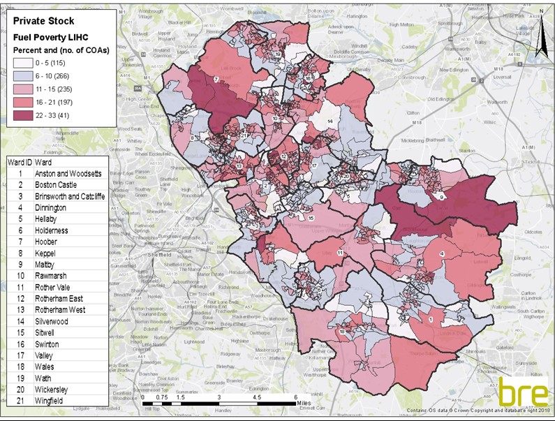 Map of Rotherham split into ward areas detailing fuel poverty percentage