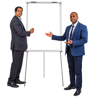 Two people pointing at a whiteboard