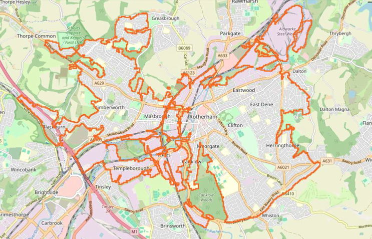 Map of Rotherham, showing neighbourhoods, major roads, green spaces, and a highlighted route or