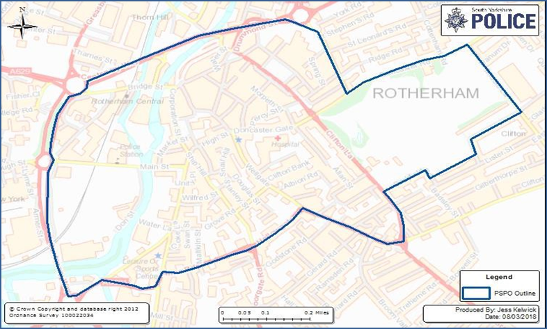 Map showing area covered by Rotherham town centre and Clifton Park Public Space Protection Orders