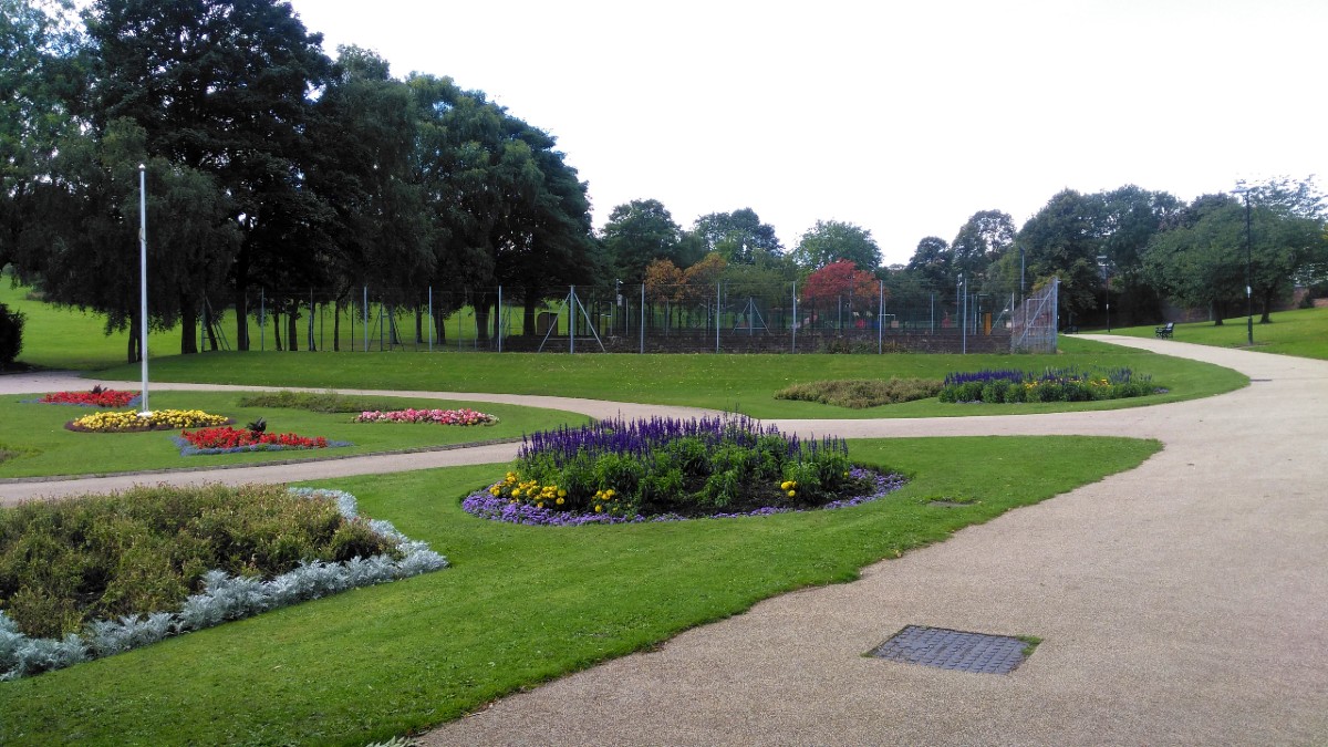 Bradgate Park with flower beds and sports courts