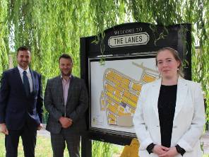 Cllr Amy Brookes at the Lanes with with Jordan Hammond from EQUANS and George Temple from Rotherham Council.